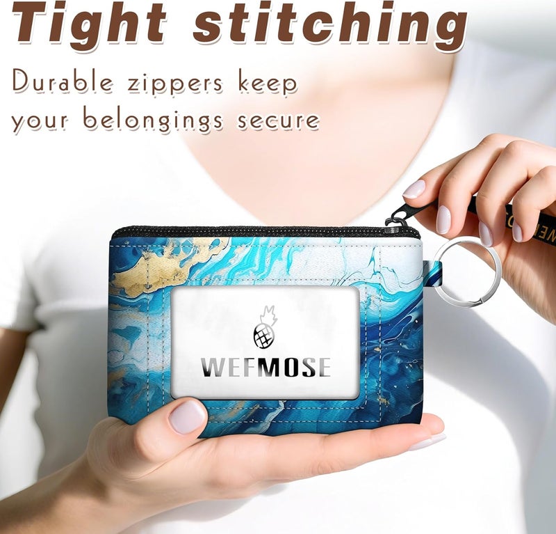 WEFMOSE Small Wallet Keychain with Clear ID Window Zipper Cute ID Case Coin Purse for Women Water Resistant Coin Pouch-Marble-Blue Keychain Wallet - Image 4
